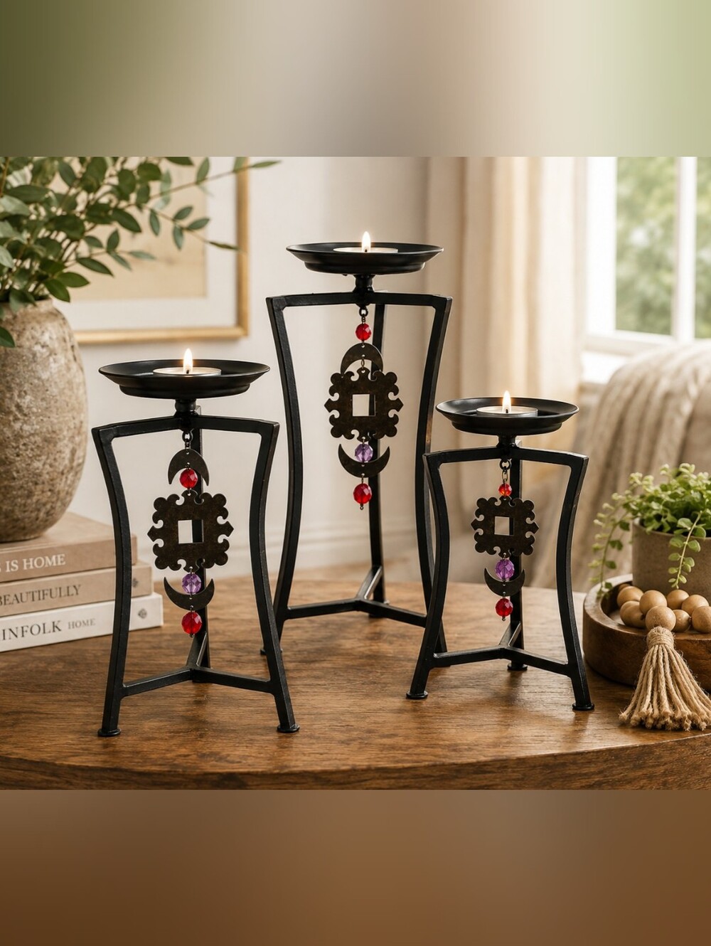 Decorative Black Metal Candle Holders with Red & Pink Accent Charms - Set of 3
